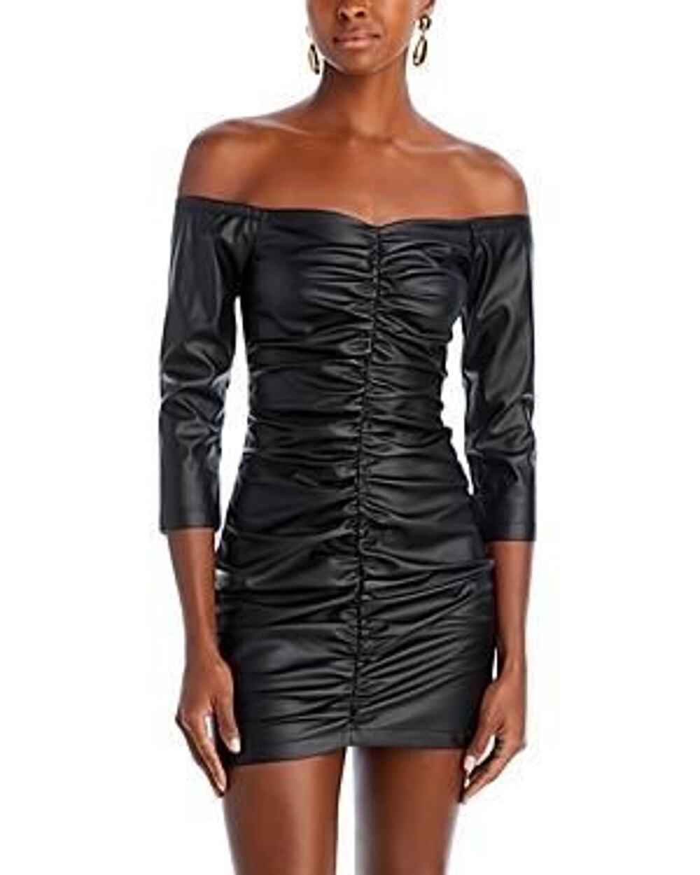 Womens Faux Leather Off-the-Shoulder Mini Dress